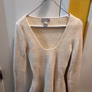 H&M Cream Ribbed Deep Scoop Neck Sweater Top SZ M